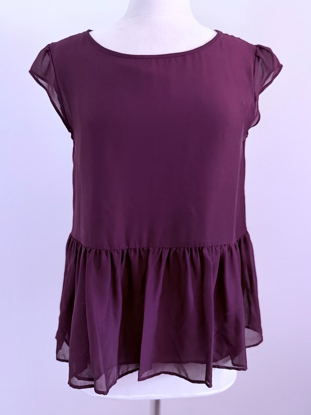 Title: Ann Taylor Factory Maroon Burgundy Sheer Sleeve Peplum Top Size S